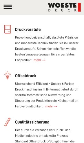 Webdesign Referenz: Woeste Druck + Verlag - Mobile Screenshot